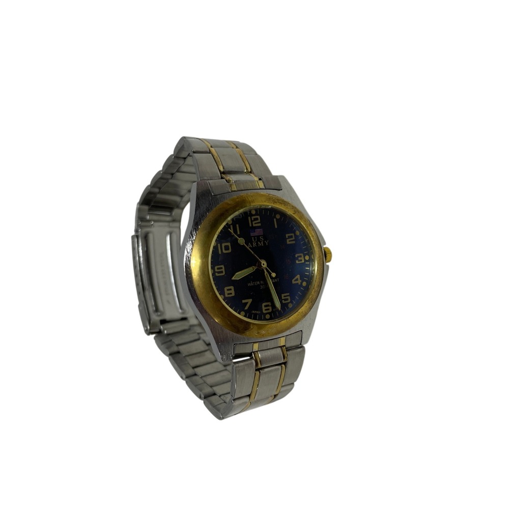 U. S. Army Branded Wristwatch Blue Dial Gold Toned Bezel Two Tone Stainless Band